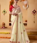 Cream mirror work tissue ethnic festive ready to wear saree with blouse