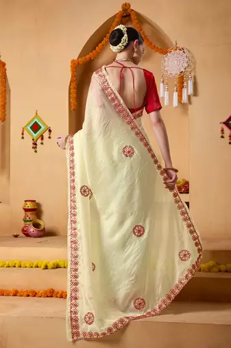 Cream mirror work tissue ethnic festive ready to wear saree with blouse