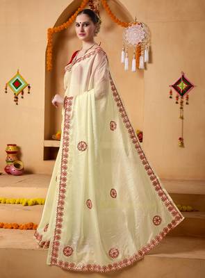 Cream mirror work tissue ethnic festive ready to wear saree with blouse 3