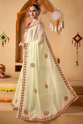 Cream mirror work tissue ethnic festive ready to wear saree with blouse