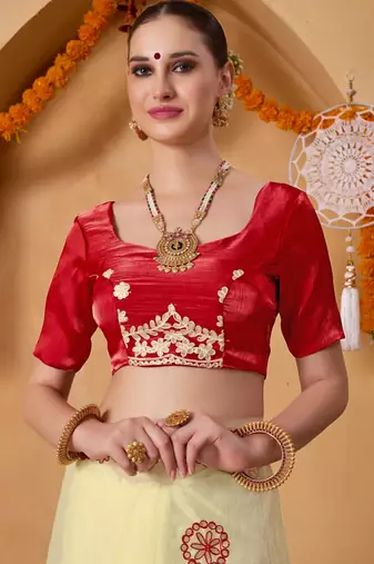 Cream mirror work tissue ethnic festive ready to wear saree with blouse