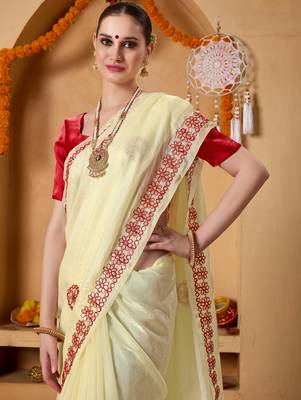 Cream mirror work tissue ethnic festive ready to wear saree with blouse 5