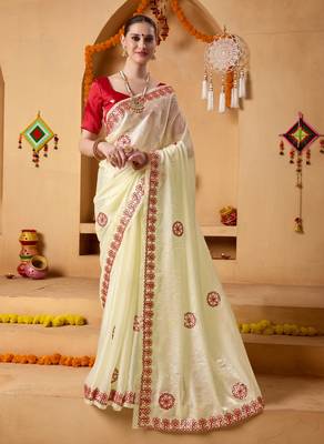 Cream mirror work tissue ethnic festive saree with blouse 1