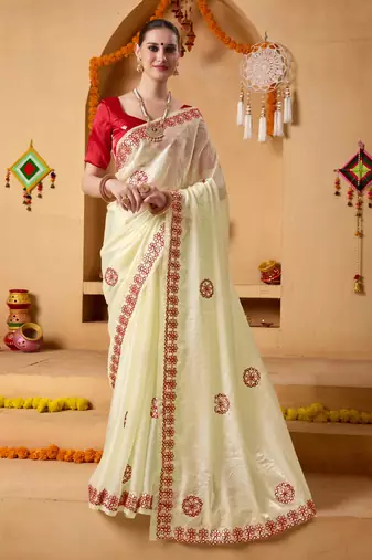 Cream mirror work tissue ethnic festive saree with blouse