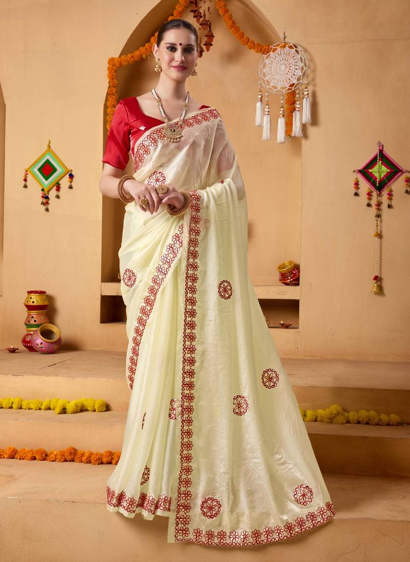 Cream mirror work tissue ethnic festive saree with blouse