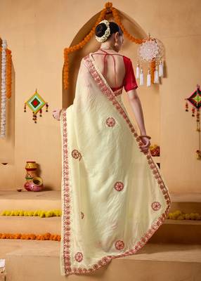 Cream mirror work tissue ethnic festive saree with blouse 2