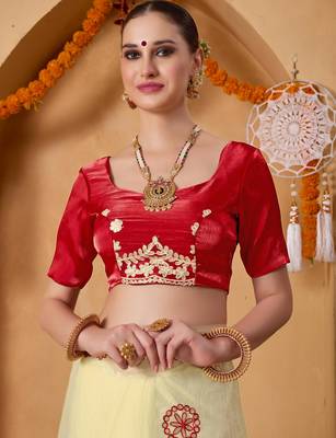 Cream mirror work tissue ethnic festive saree with blouse 4