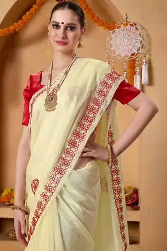 Cream mirror work tissue ethnic festive saree with blouse