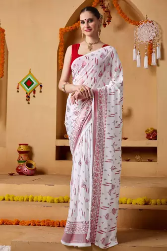 White floral print georgette ethnic festive ready to wear saree with blouse