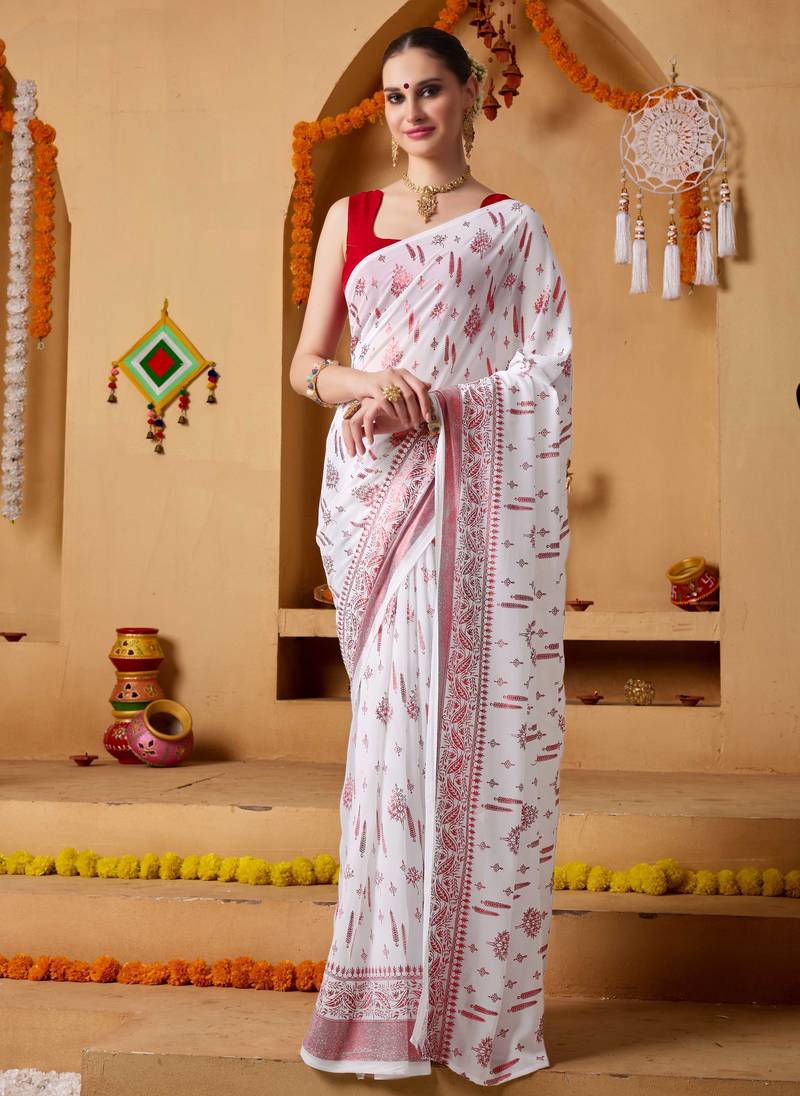 White floral print georgette ethnic festive ready to wear saree with blouse