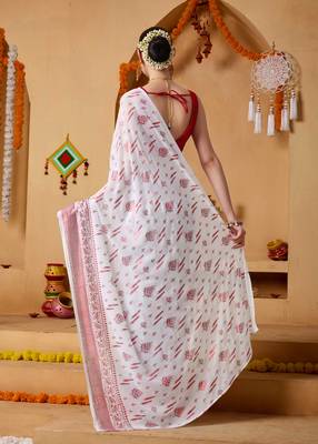White floral print georgette ethnic festive ready to wear saree with blouse 2