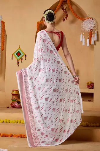 White floral print georgette ethnic festive ready to wear saree with blouse