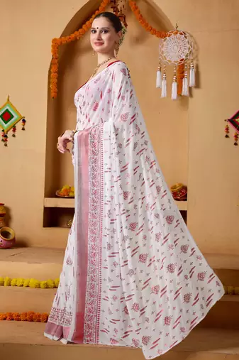 White floral print georgette ethnic festive ready to wear saree with blouse
