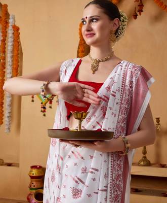 White floral print georgette ethnic festive ready to wear saree with blouse 5