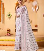 White floral print georgette ethnic festive ready to wear saree with blouse