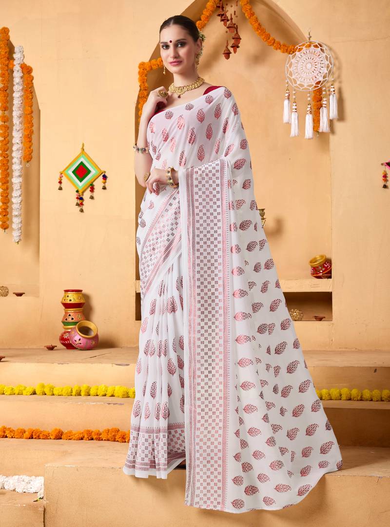 White floral print georgette ethnic festive ready to wear saree with blouse