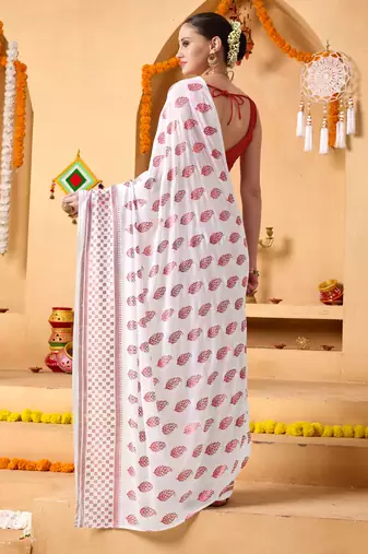 White floral print georgette ethnic festive ready to wear saree with blouse