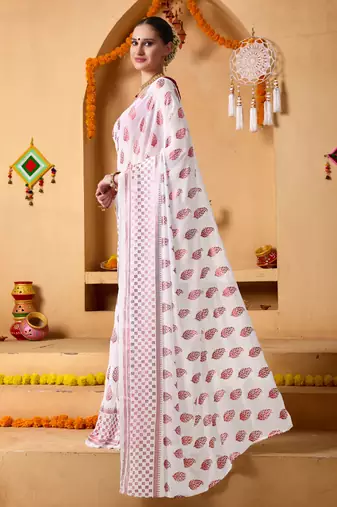 White floral print georgette ethnic festive ready to wear saree with blouse