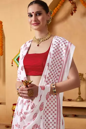 White floral print georgette ethnic festive ready to wear saree with blouse