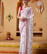 White floral print georgette ethnic festive saree with blouse