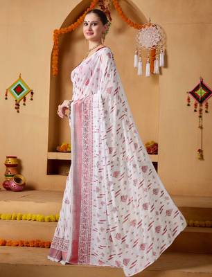 White floral print georgette ethnic festive saree with blouse 3