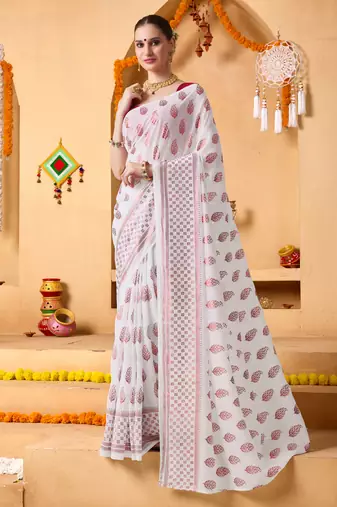White floral print georgette ethnic festive saree with blouse