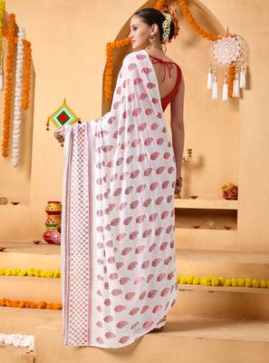 White floral print georgette ethnic festive saree with blouse 2