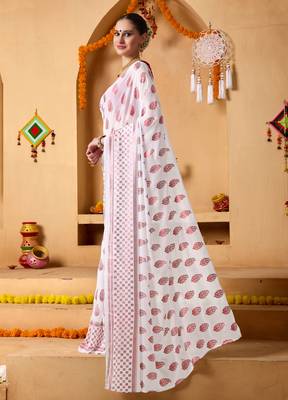 White floral print georgette ethnic festive saree with blouse 3