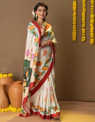 Ethnic motifs printed ready to wear saree with blouse piece 1