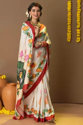 Ethnic motifs printed ready to wear saree with blouse piece