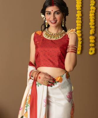 Ethnic motifs printed ready to wear saree with blouse piece 4