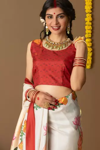 Ethnic motifs printed ready to wear saree with blouse piece