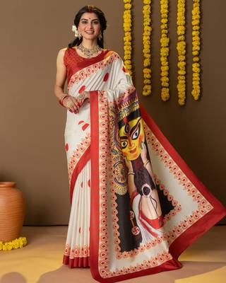 Durga face prints dola silk ready to wear saree 1
