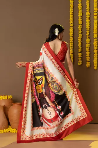 Durga face prints dola silk ready to wear saree