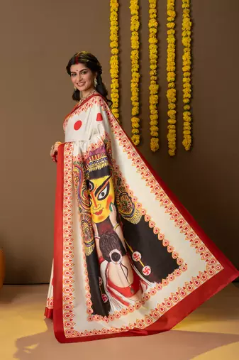 Durga face prints dola silk ready to wear saree