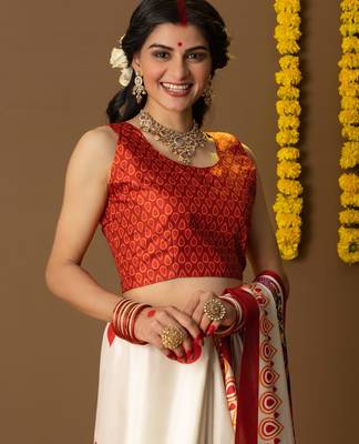 Durga face prints dola silk ready to wear saree 4