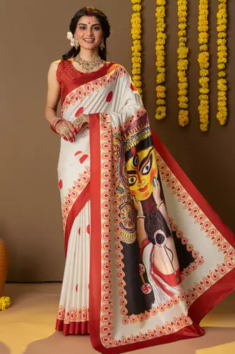 Durga face prints dola silk saree
