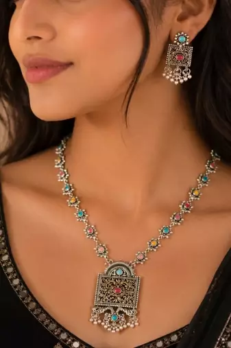 Navratri oxidised silver plated necklace with matching earrings set for women