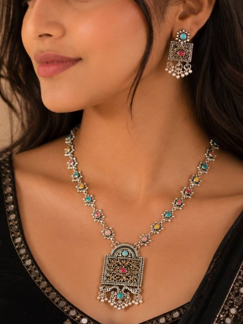 Navratri oxidised silver plated necklace with matching earrings set for women