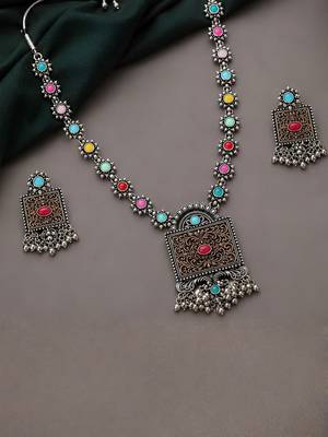 Navratri oxidised silver plated necklace with matching earrings set for women 2