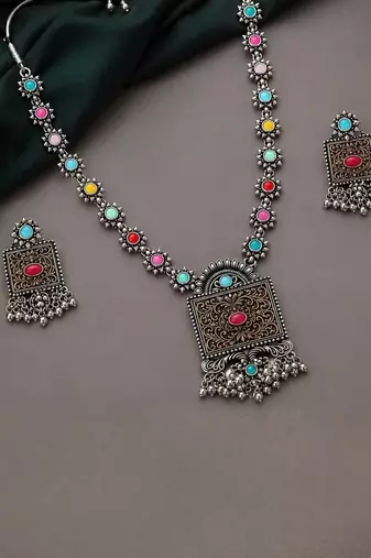 Navratri oxidised silver plated necklace with matching earrings set for women
