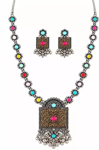 Navratri oxidised silver plated necklace with matching earrings set for women