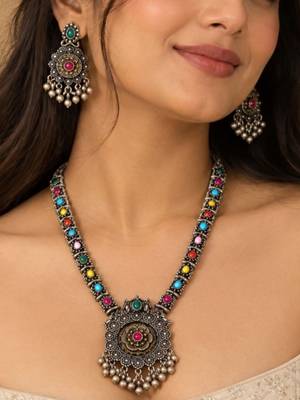 Navratri oxidised silver plated necklace with earrings jewellery set for women 1
