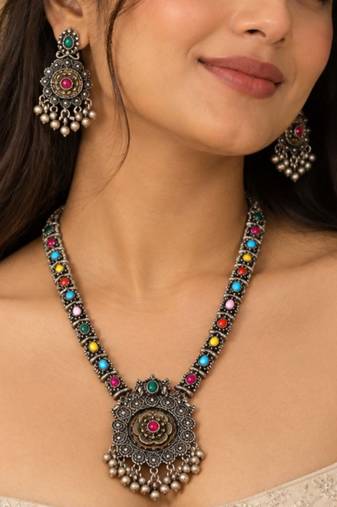 Navratri oxidised silver plated necklace with earrings jewellery set for women