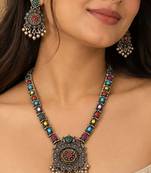 Navratri oxidised silver plated necklace with earrings jewellery set for women