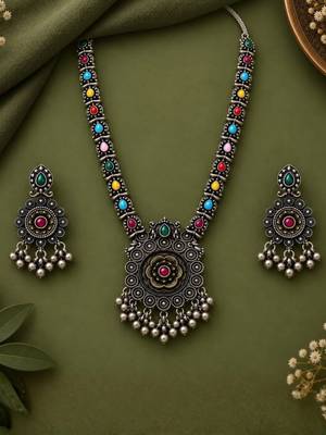 Navratri oxidised silver plated necklace with earrings jewellery set for women 2