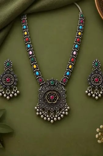 Navratri oxidised silver plated necklace with earrings jewellery set for women