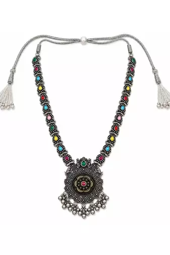 Navratri oxidised silver plated necklace with earrings jewellery set for women