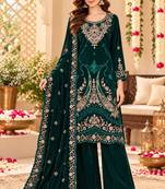 Emerald velvet semi stitched suit with embroidery & sequence work
