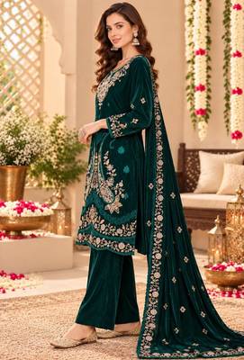 Emerald velvet semi stitched suit with embroidery & sequence work 2